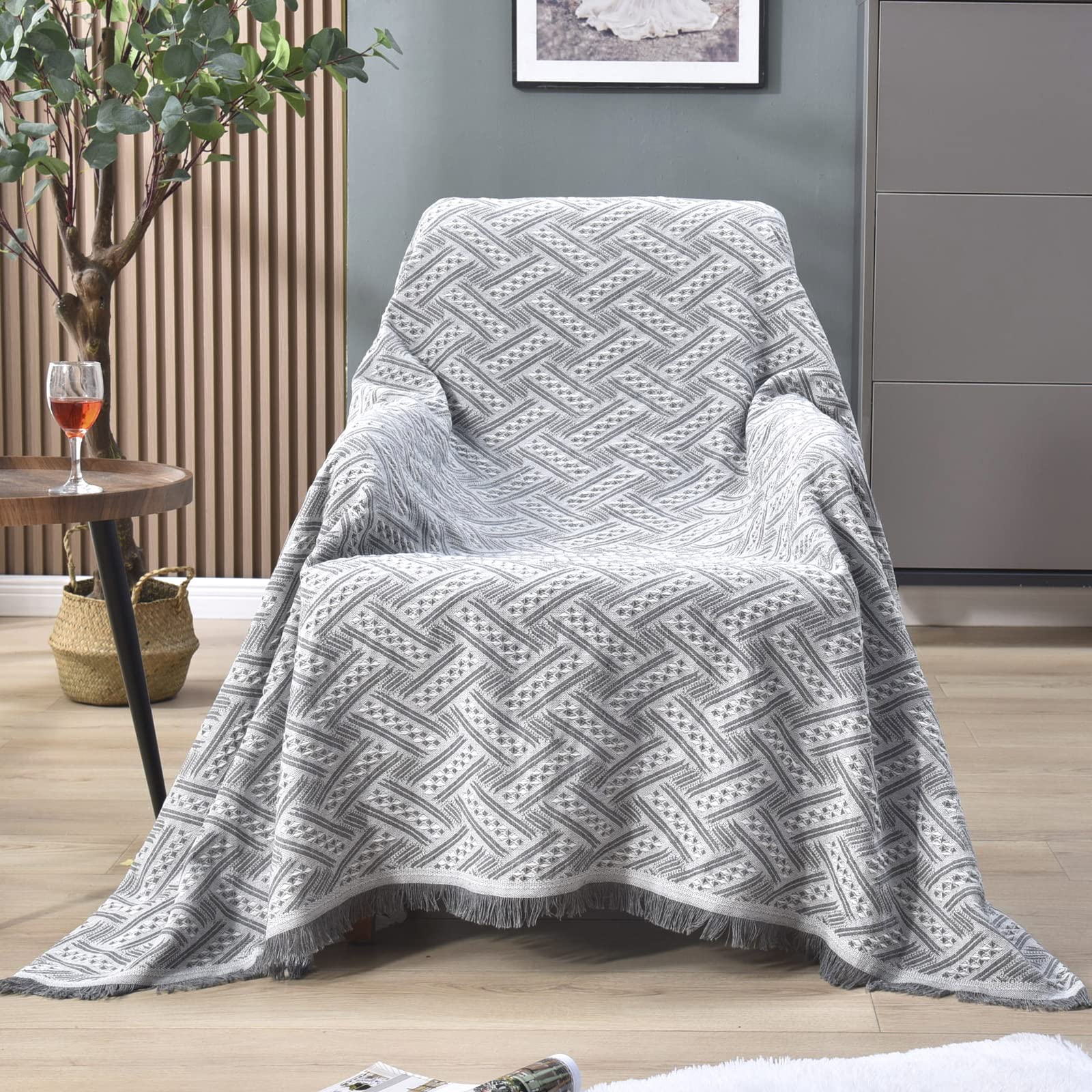 LHGOGO Throws for Sofas and Armchairs, Geometric Jacquard Woven Blanket with Fringes, 60% Cotton Blend Heavyweight Settee Throw, Reversible Couch Cover for Pets, 180x130cm, Light Grey — image 1