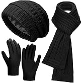 Ultrafun Womens Winter Beanie Hat Scarf Gloves Set, Satin Lined Slouchy Beanie Knit Scarf Touchscreen Gloves, Warm 3 Gift Set