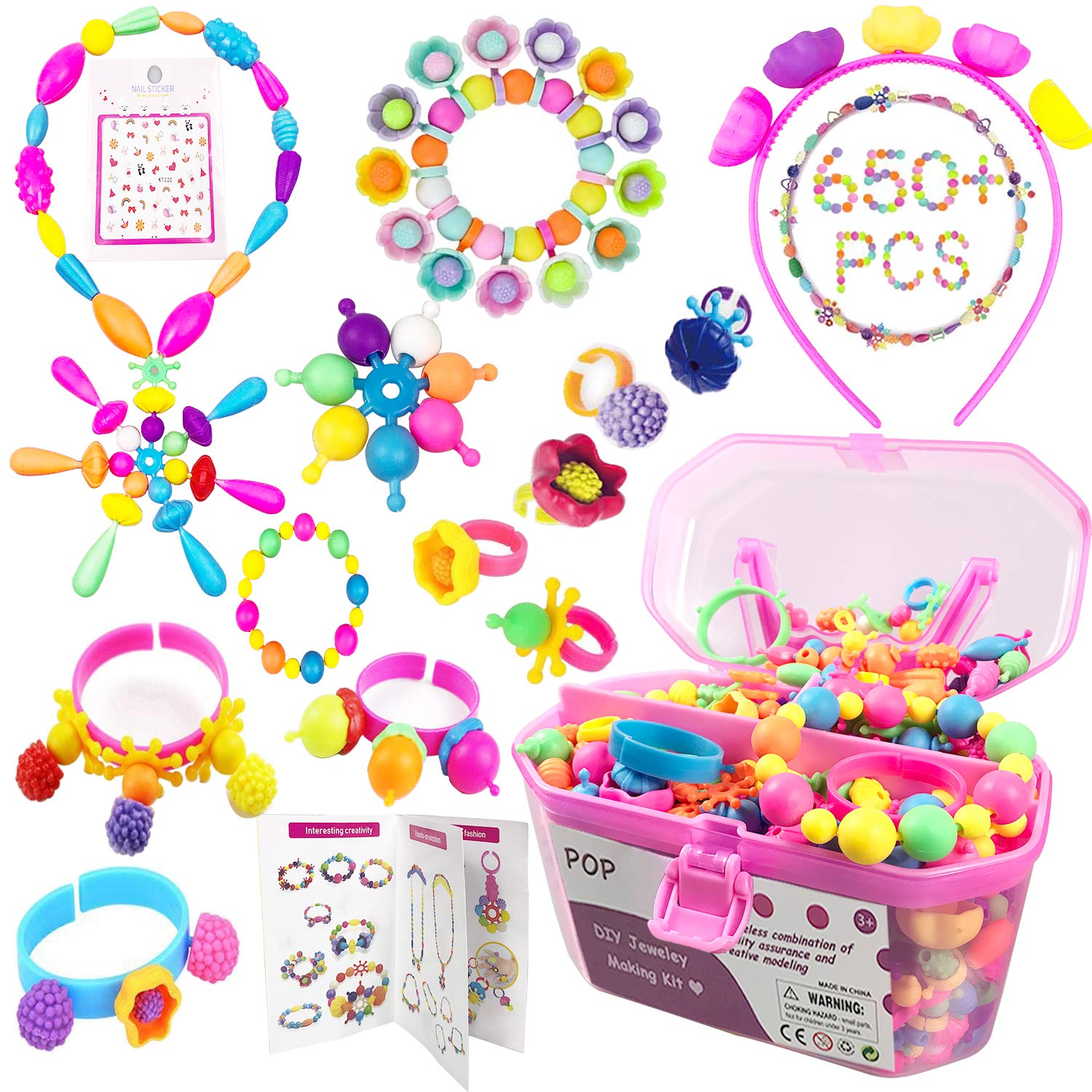 Pop Beads Art & Crafts Kit 650+Pcs DIY Jewelry Making Kit for Toddler Girls Toys 3, 4, 5, 6, 7, 8 Year Old to Make Hairband, Necklaces, Bracelets, Rings Creativity Christmas Birthday Gifts for Kids