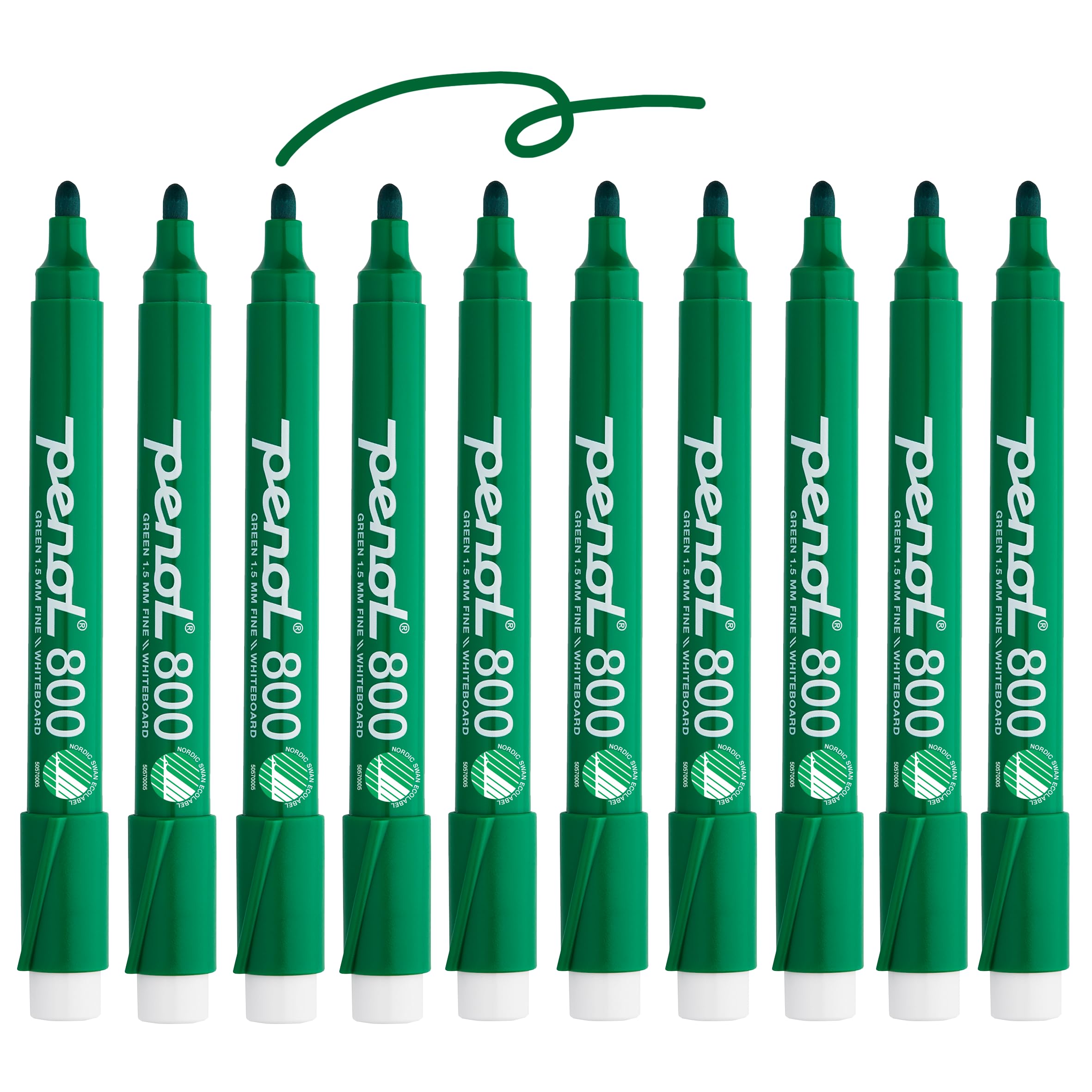 PENOL Whiteboard Markers, 10 Whiteboard Pens in Green Color - 800, 1.5mm Bullet Tip Dry Erase Marker with Nordic Swan Ecolabel, Non-Toxic & Odorless Board Pens for Office, Schools and Home