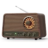 Audiocrazy Vintage Wood AM FM Bluetooth Radio,10W Powerful Sound, Espresso | Tabletop Retro Bluetooth Speaker, Amber-Glowing Dial, Bass Control, AUX &amp; Headphone Jack, Vintage Decor for Office, Home