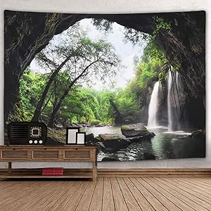 Ice jazz Mountain Cave Tapestry Waterfall Tapestry Forest Tree Tapestry Nature Tapestry Wall Hanging for Bedroom Living Room Dorm