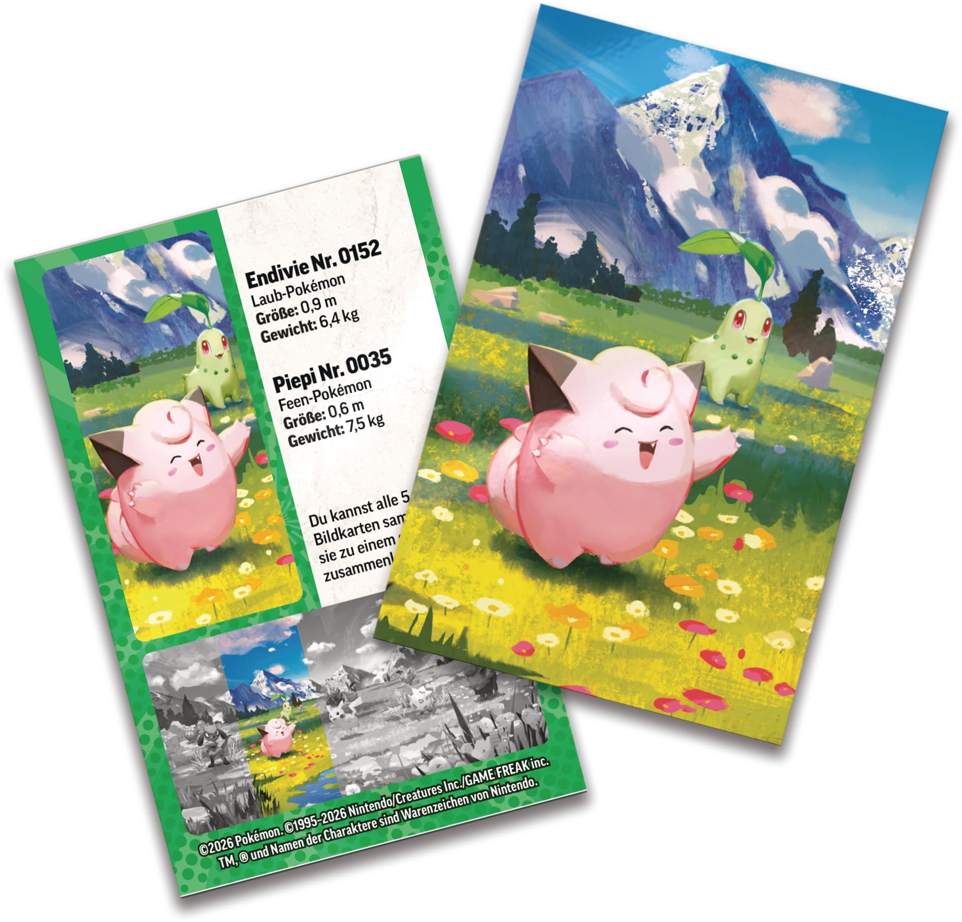 Pokémon-Sammelkartenspiel: Mini-Tin-Box Mega-Entwicklung – Erhabene Helden: Piepi und Endivie (1 Stickerbogen, 1 Pokémon-Bildkarte und 2 Boosterpacks) 6