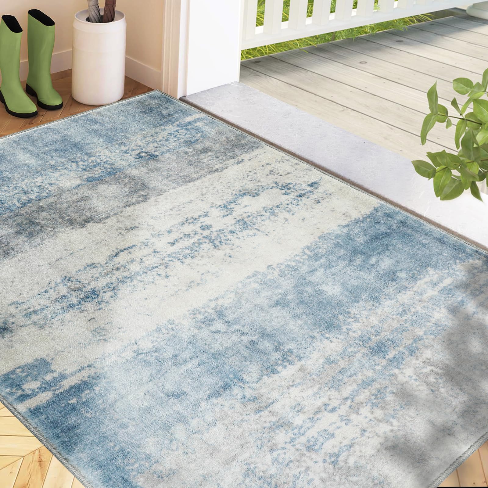 Photo 1 of COMSLE Door Mat, Front Door Rug Indoor for Entrance Faux Wool Absorbent Non Slip Modern Throw Rug for Entryway Bedroom Muddy Paws - Pet Friendly, 36x60 Inches,Milk Blue Machine Washable