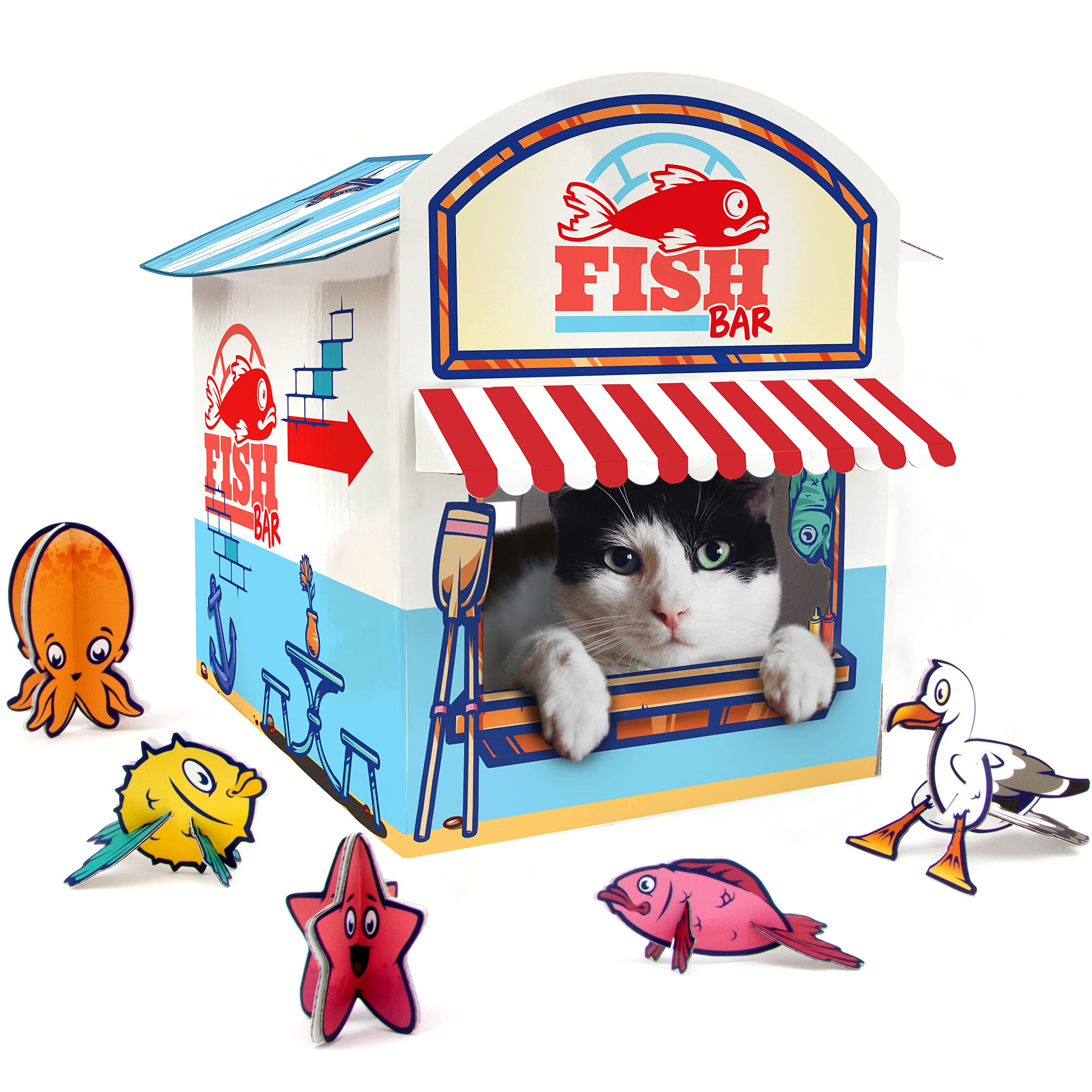 Suck UK | Cat Kiosk Play House | Fish Bar Playhouse for Indoor Cats & Kittens | Cardboard Cat Cave | Interactive Cat Toys for Indoor Cats | Novelty Cat gifts