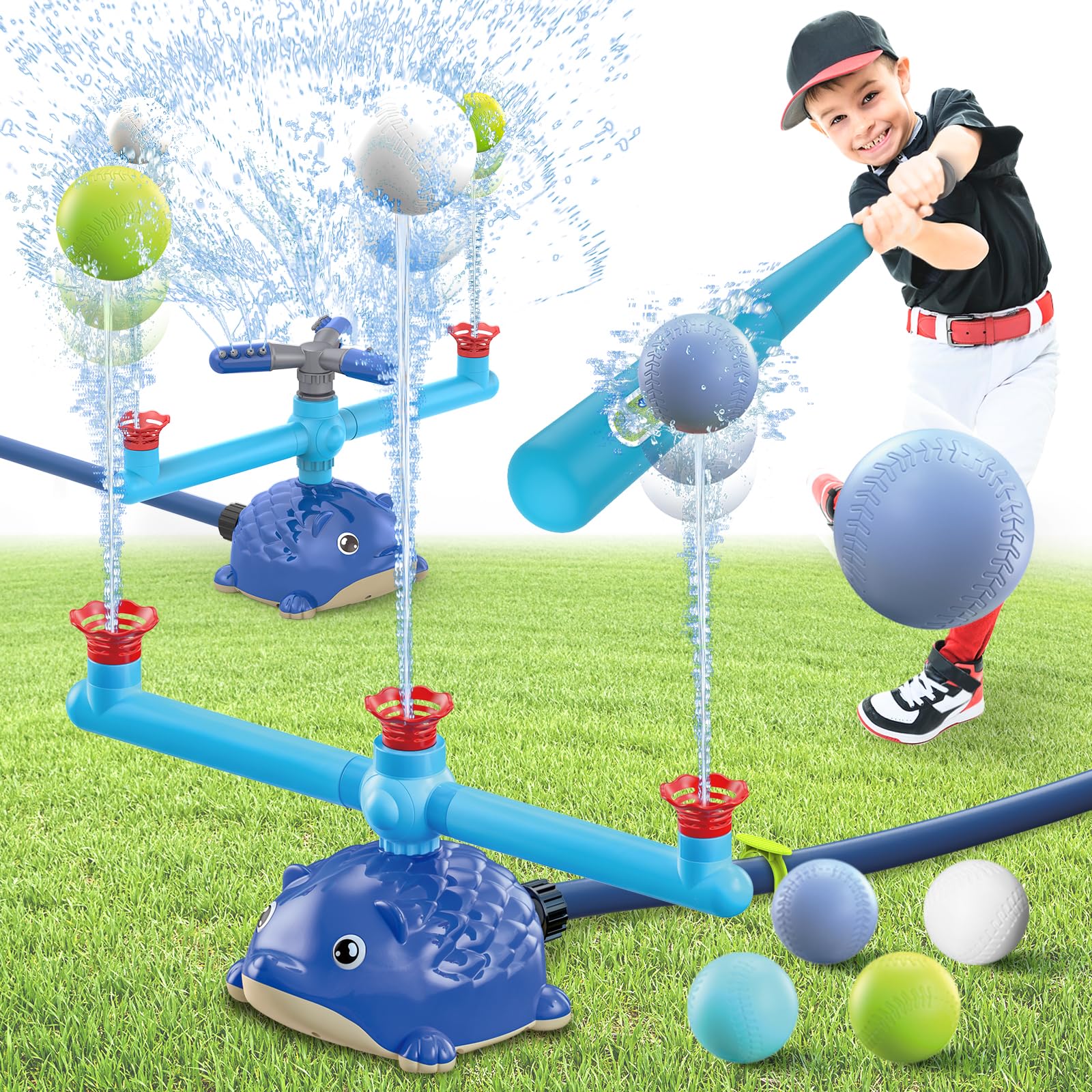 Photo 1 of MuroMucci Water Sprinkler Baseball Toy, 5 in 1 Water Sprinkler for Kids Outdoor Play with 2 Sprinkler Heads, Hedgehog Baseball Sprinkler Toy, Summer Backyard Lawn Pool Party Fun