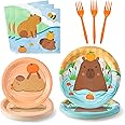 G1ngtar 96Pcs Capybara Party Plates Supplies - Cute Cartoon Capybara Party Tableware Decorations Animal Orange Disposable Paper Plates Napkins Forks for Kids Birthday Baby Shower, Serves 24 Guests