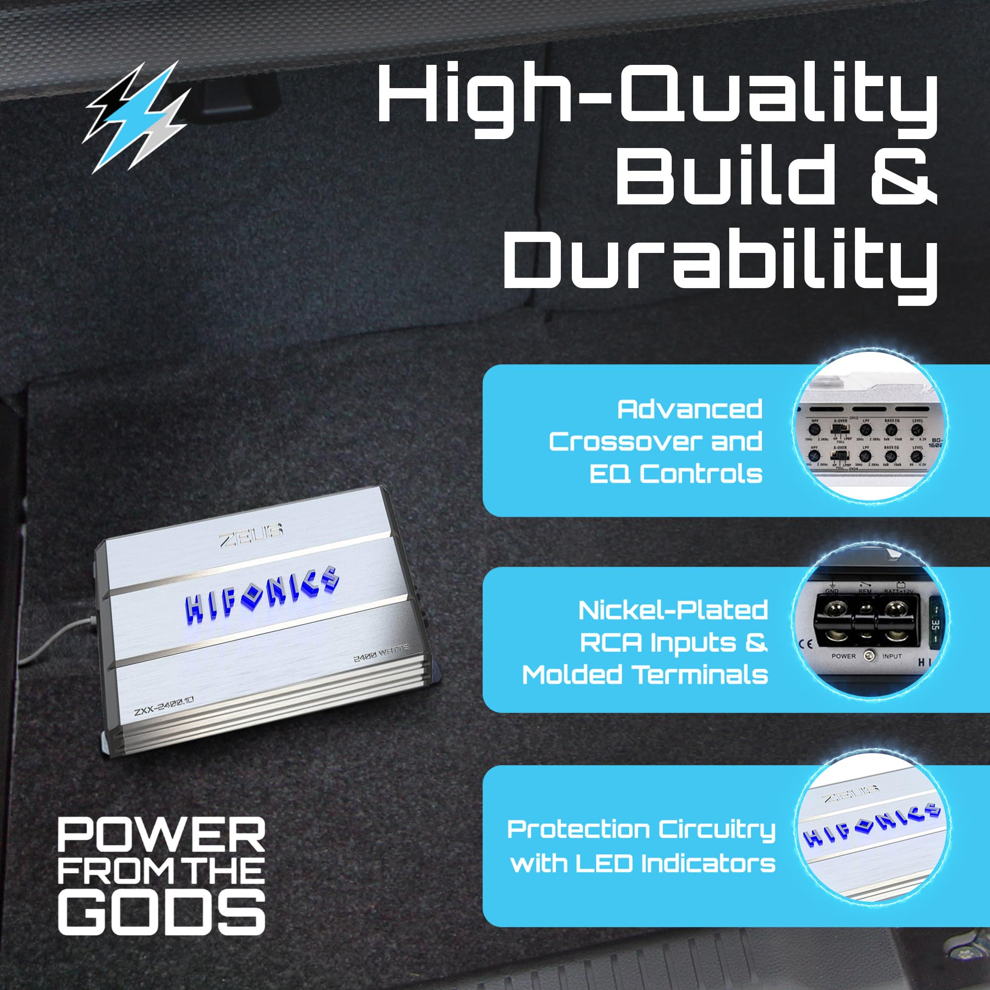 Hifonics Zeus ZXX 2400 Watt Max Class D Monoblock Car Audio Amplifier Amp with Bass Knob and Remote, Variable Crossovers, ZXX-2400.1D, Silver