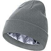 ROYBENS Satin Lined Beanie, 100% Cotton Beanies Hats for Men Women, Slouchy Knit Cuffed Winter Warm Soft Skull Cap Hat