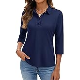 YUCOLEN Polo Shirts for Women 3/4 Sleeve Tops Golf Tees 5-Button Collared Cotton Shirt Business Casual