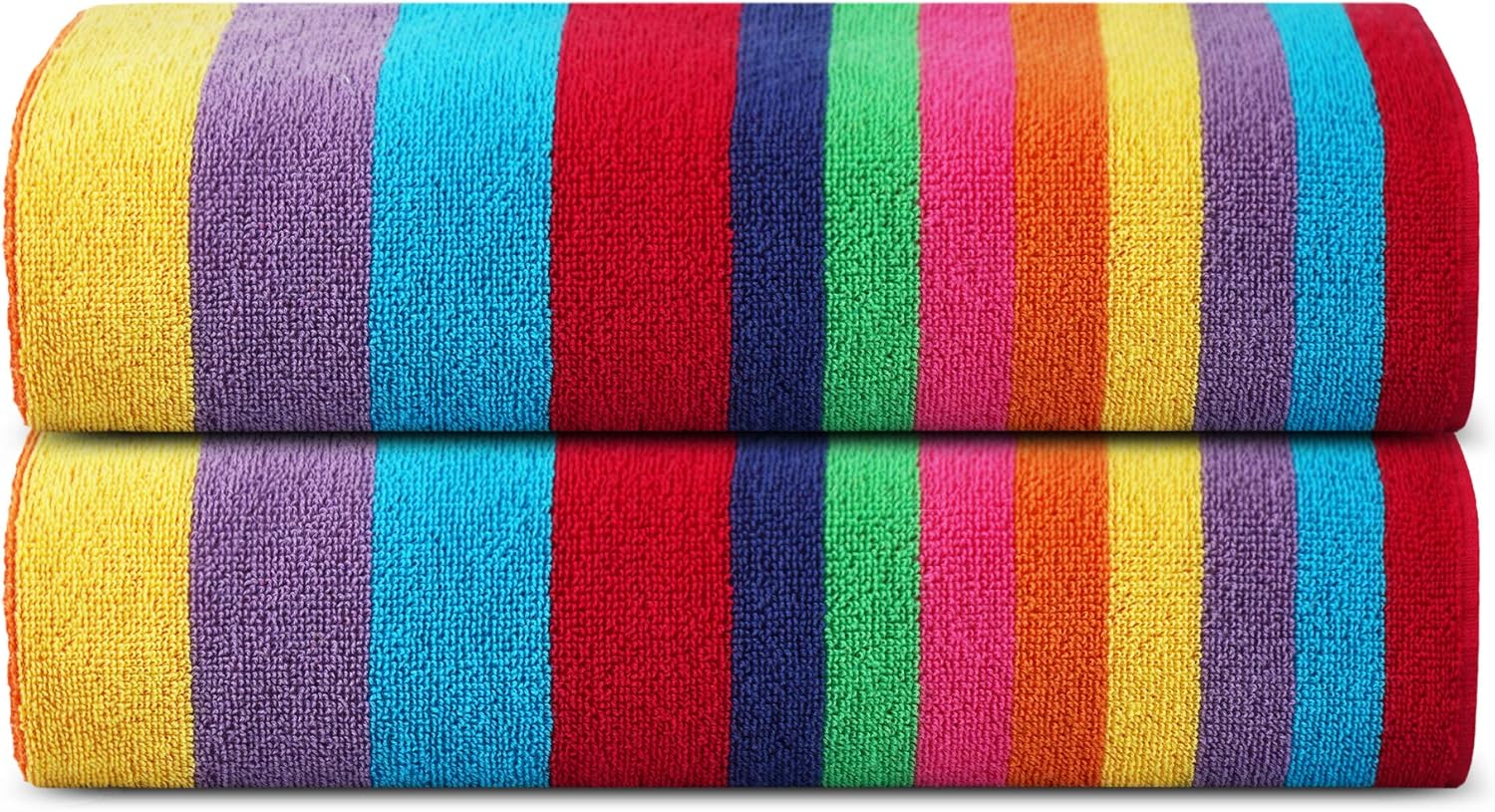 SweetNeedle Beach Towels for Adults Pack of 2, Miami Vibe Multi Cabana Stripe Classic, 100% Cotton Terry Ringspun Pool Towel