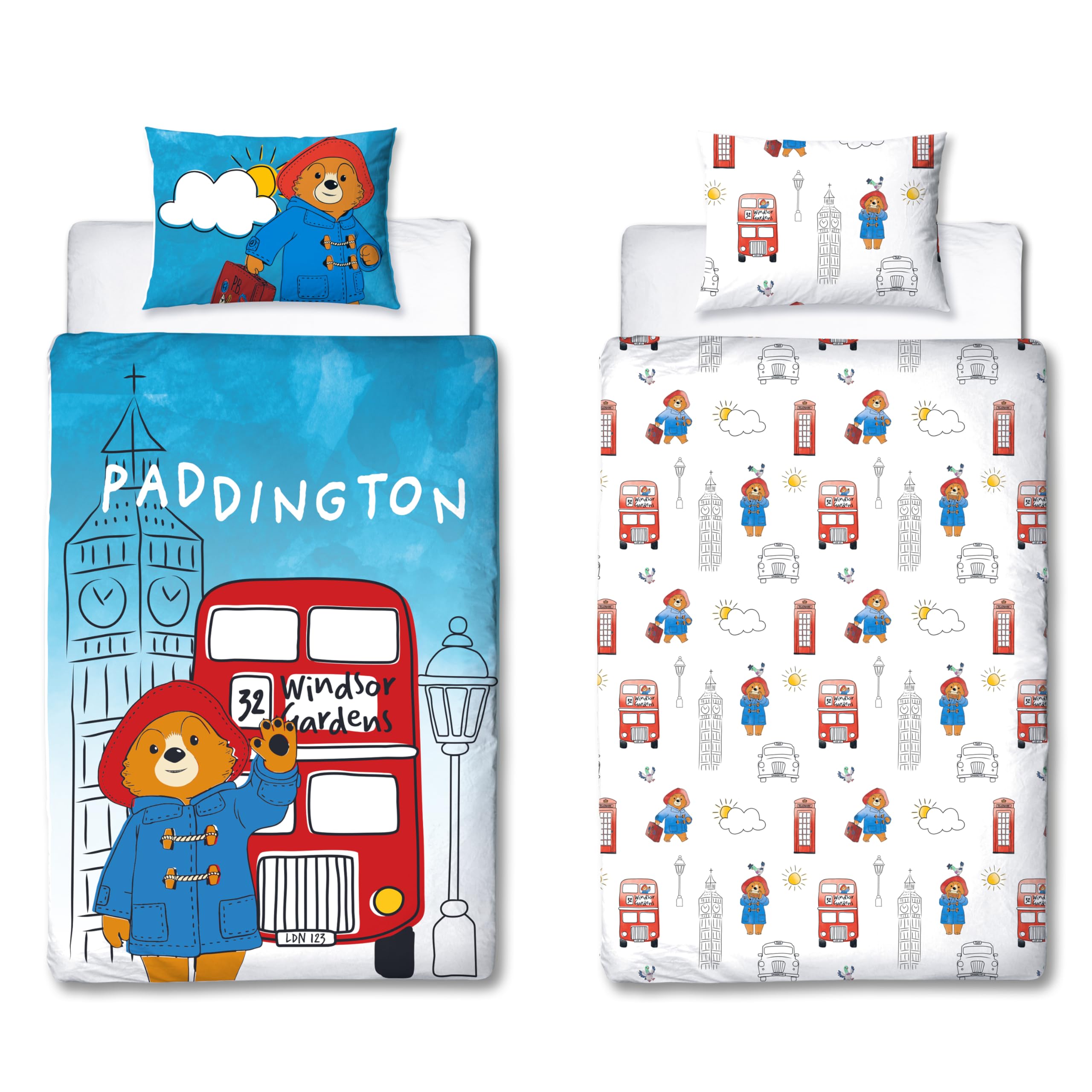 Character World Official Paddington Bear™ Single Duvet Cover Set | 2 Sided Reversible Station Design | Matching Pillowcase | Single Bed Set | White and Blue, Polycotton