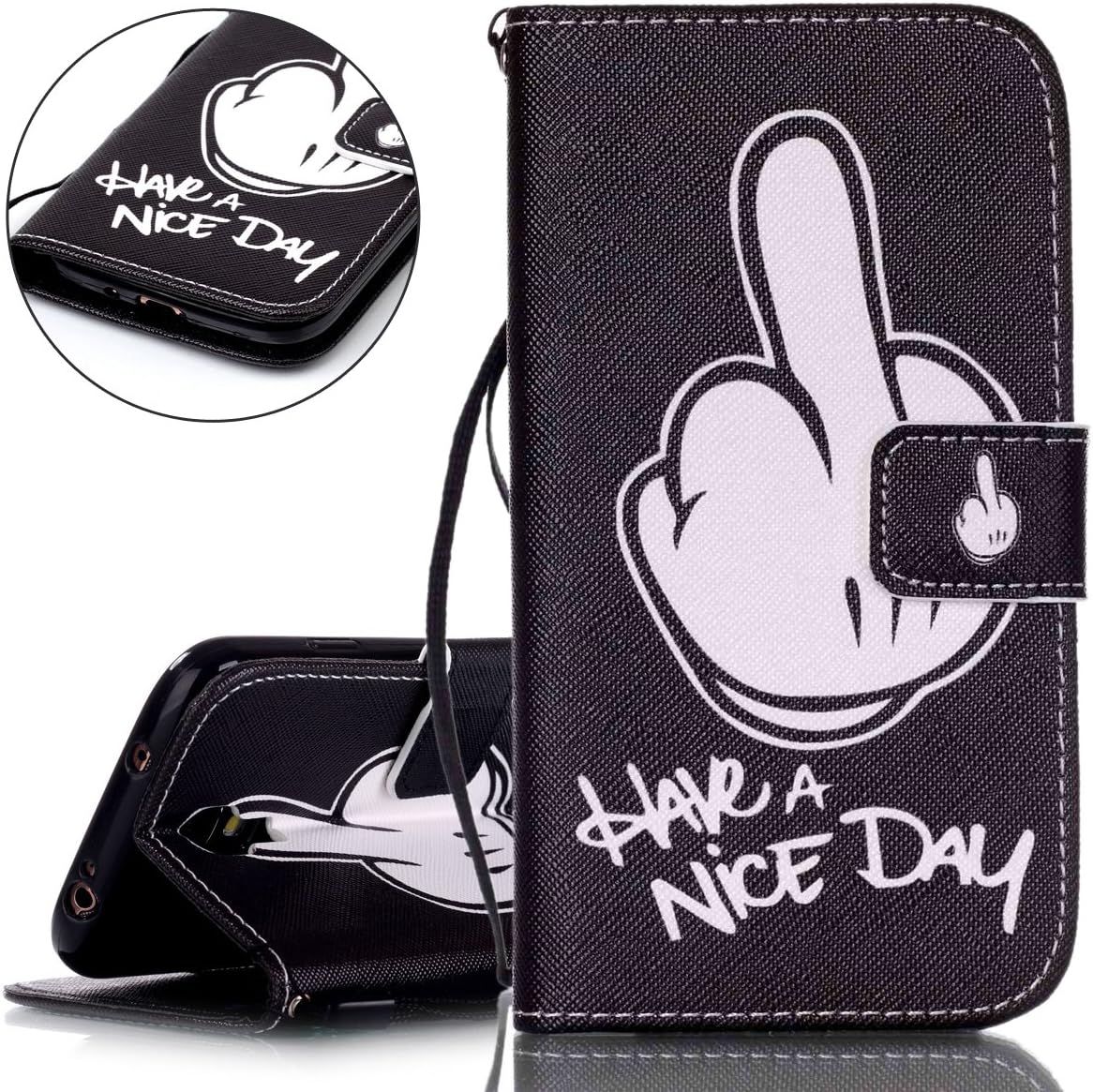 Samsung Galaxy S4 Case, Samsung Galaxy S4 Flip Case, ISAKEN Samsung Galaxy S4 Cover with Strap, Samsung Galaxy S4 Wallet Cover, Luxury Elegant Printing Drawing Design Pattern PU Leather Magnetic Stand Case Credit Card Slot Flip Protective Stand Case Cover for Galaxy S4 - HAVE A NICE DAY black