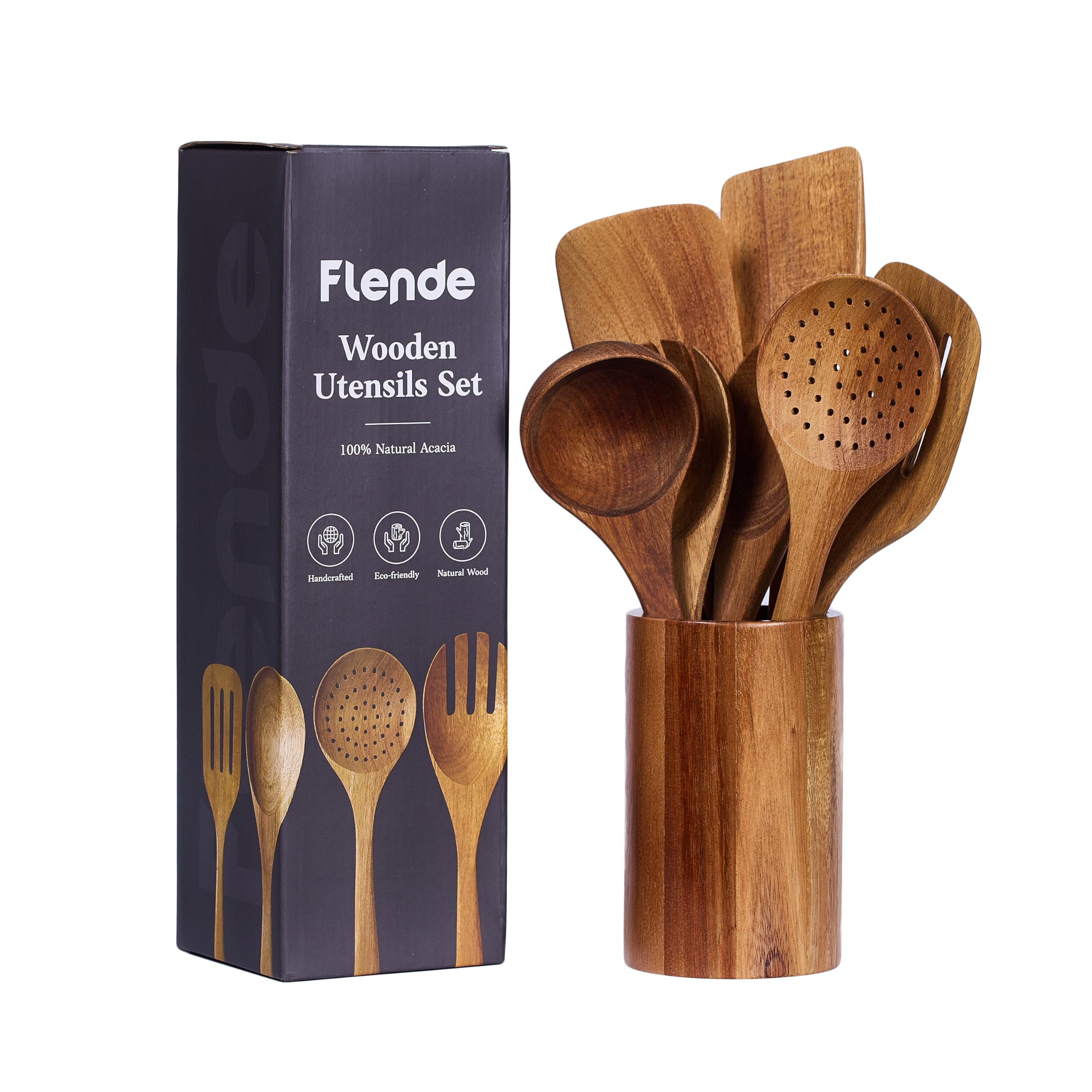 Wooden Spoons for Cooking, Beautifully Handcrafted Wooden Kitchen Utensils Set of 8 Pcs, Ergonomic, Lightweight & Durable Wooden Spatulas and Spoons, Natural Non-Stick Heat-Resistant Kitchen Cookware