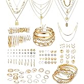 Vieyomn 124 Pcs Golden Plated Jewelry Set for Women Layered Necklace Bracelets Multi Rings Dangle Earrings Ear Cuff Fashion Costume Jewelry Accessories Set Stackable