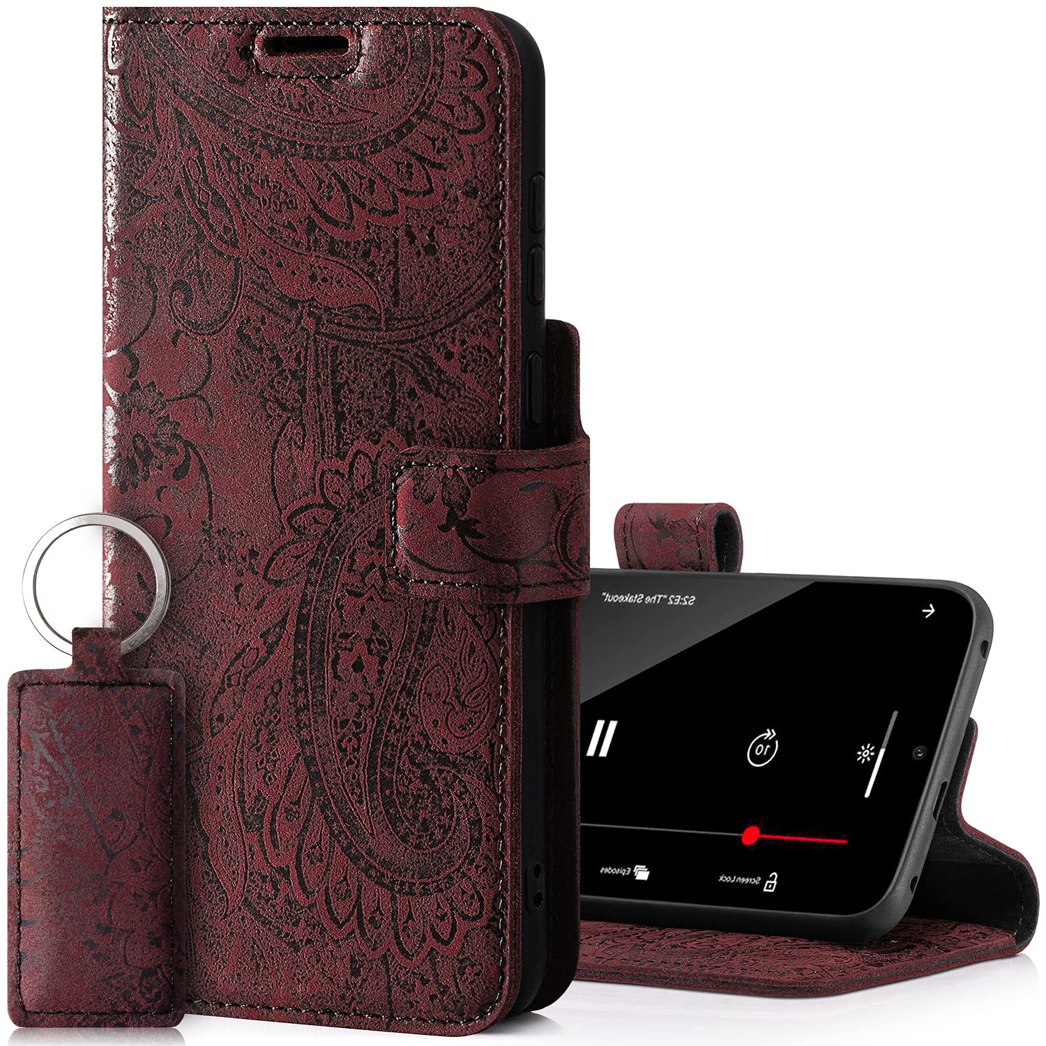 SURAZO Prestige Leather Case for Apple iPhone 13 Pro Max - RFID Wallet Flip Cover with 3 Card Slots & Cash Pocket - Secure Magnetic Closure & Kickstand - Real Leather Folio Bumper (Ornament Burgundy) — image 1