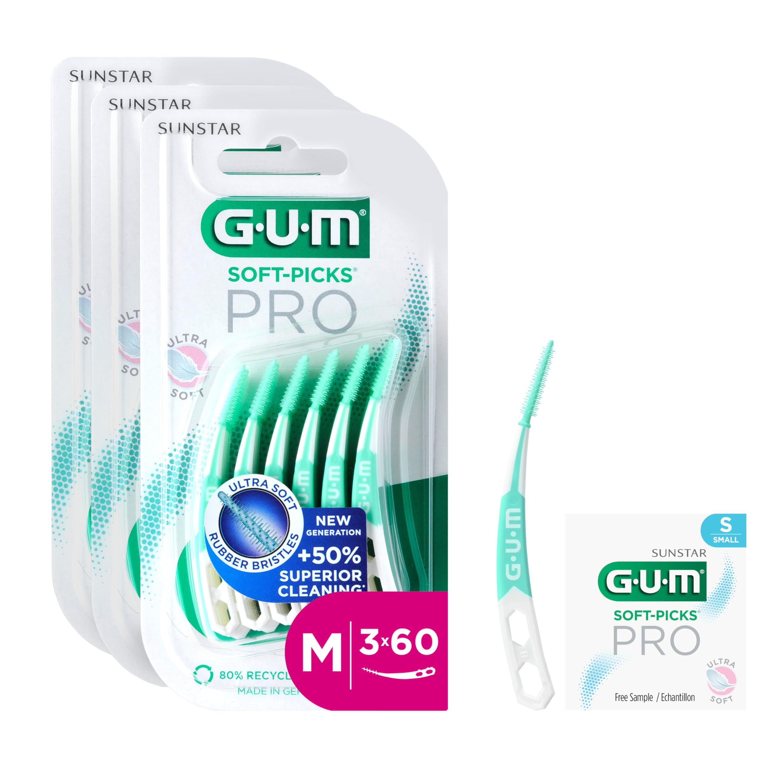 GUM Soft-Picks PRO interdental Cleaners | Curved Shape for Easy Access to Hard-to-Reach Areas | Gentle Action for Sensitive Gums | [M - 3x60] (+1 Bonus Sample)