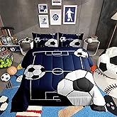 Erosebridal Football Comforter Set Twin Size Boys Sports Theme Comforter for Teens Soccer Ball Pattern Bedding Set Football Court Quilt Bedroom Decor Playground Blue White for Kids Girls