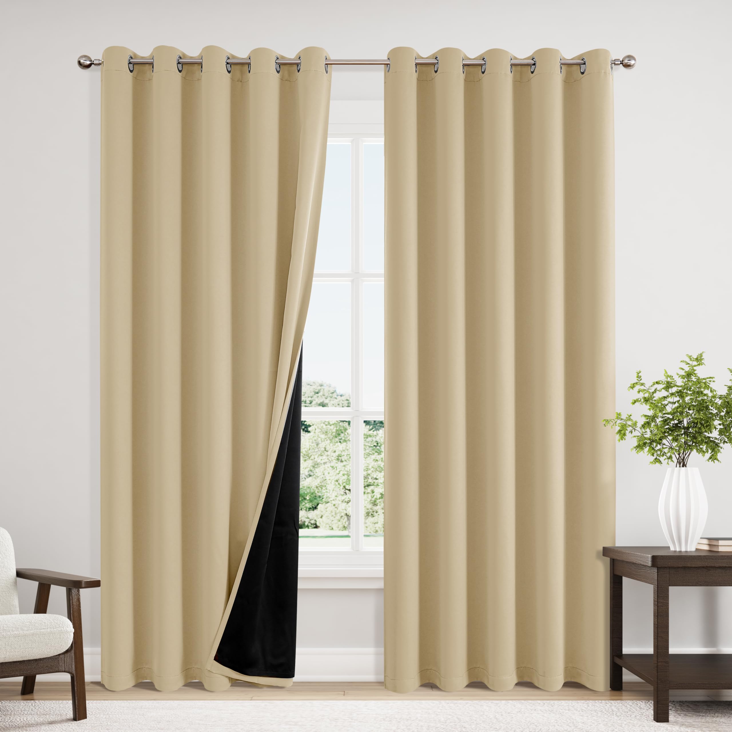 Photo 1 of ChrisDowa 100% Blackout Curtains 84 inch Long for Bedroom with Black Liner, Extra Wide 2 Thick Layers Total Blackout Thermal Insulated Grommet Window Curtains 2 Panels Set (Beige, 60 x 84 Inch)