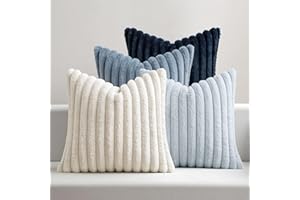 MIULEE Faux Fur Plush Decorative Throw Pillow Covers 18x18 Set of 4, Modern Soft Fuzzy Coastal Striped Cushion Covers for Sof