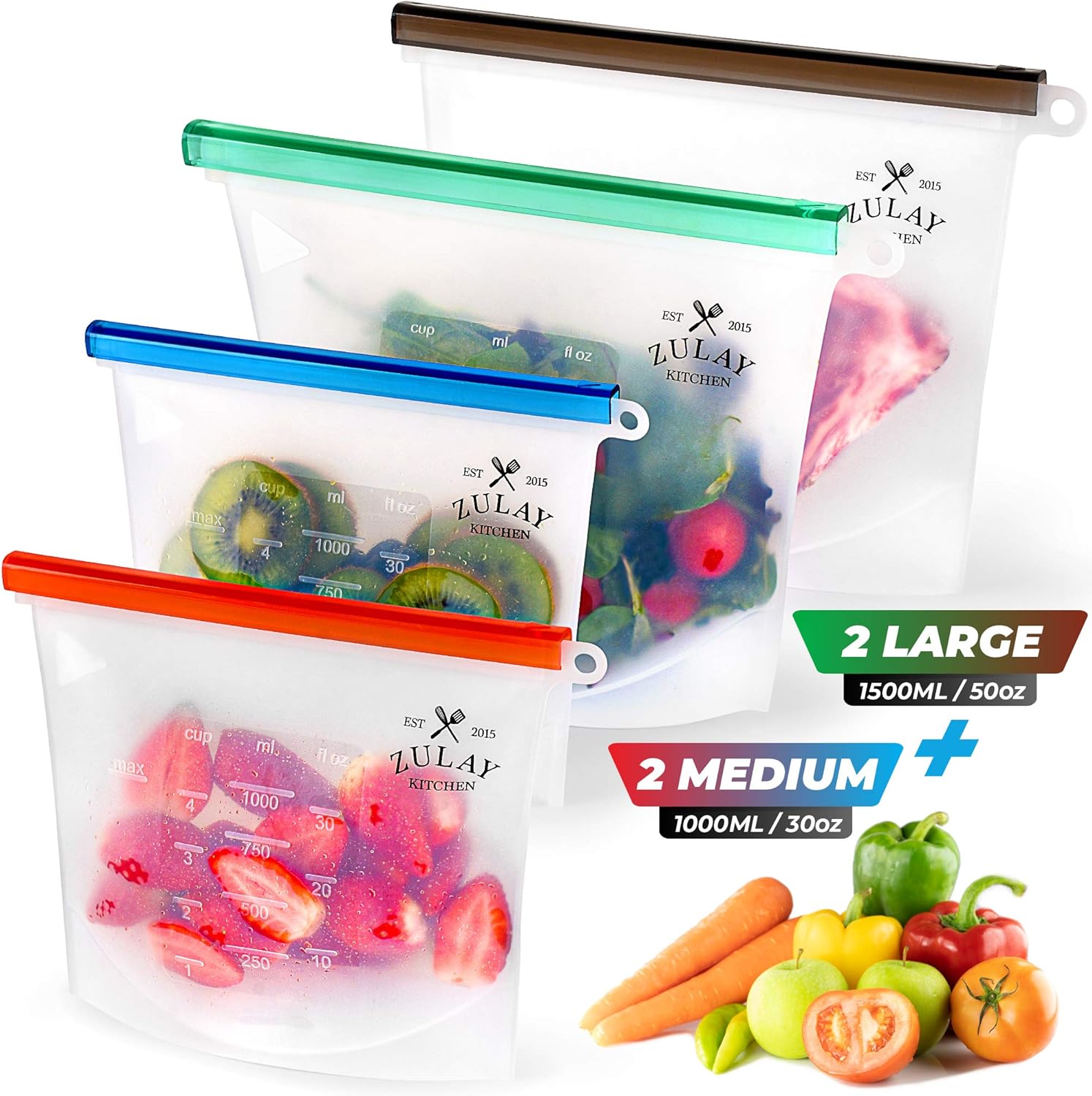 Zulay Reusable Silicone Food Storage Bags - 4-pack Food Grade and Eco-Friendly Preservation Bags - Airtight Seal Silicone Food Bag for Storing Food, Vegetables, Fruits, Liquids, and More.