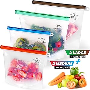 Zulay Reusable Silicone Food Storage Bags - 4-pack Food Grade and Eco-Friendly Preservation Bags - Airtight Seal Silicone Food Bag for Storing Food, Vegetables, Fruits, Liquids, and More.