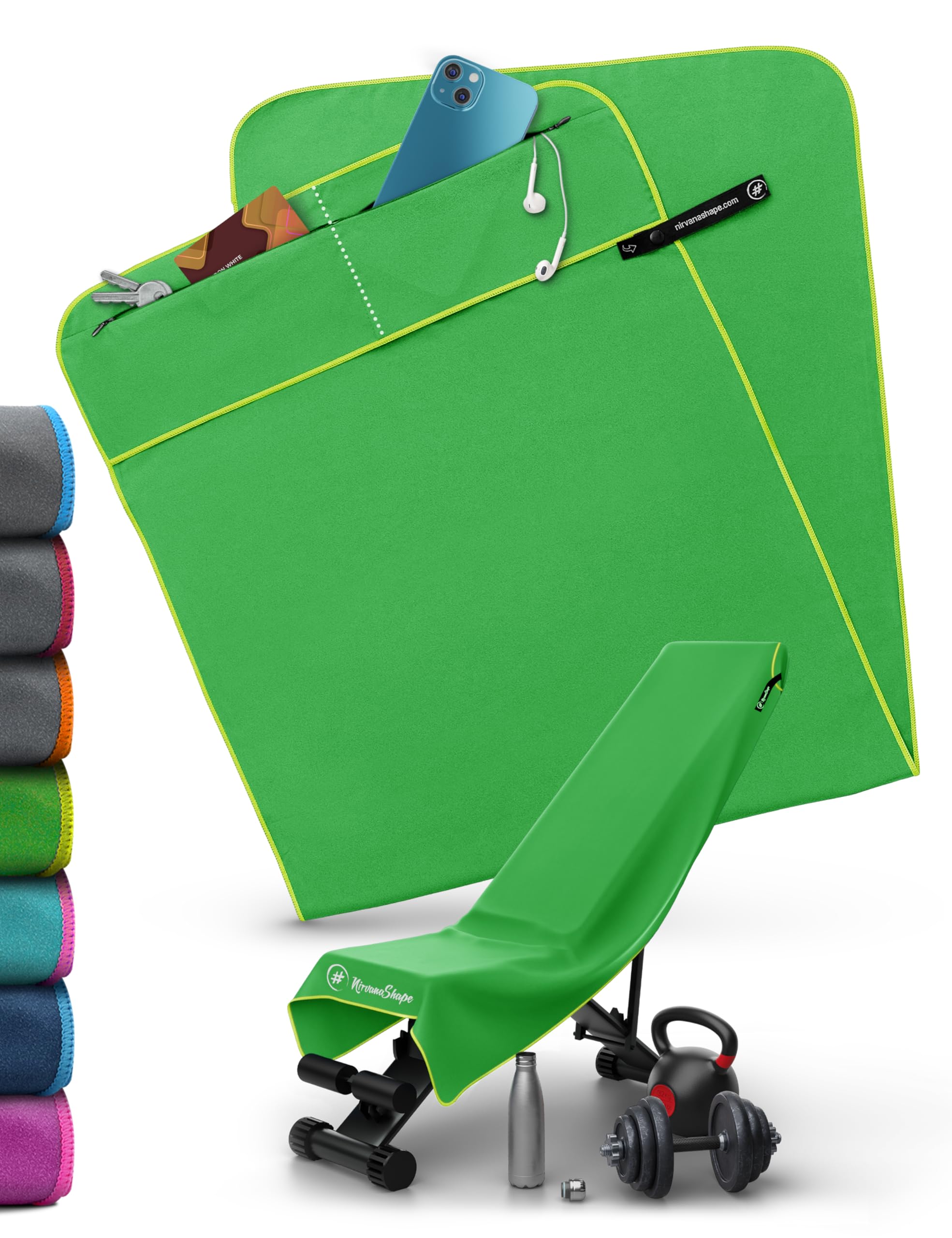 NirvanaShape Gym Towel | Microfibre Gym Towel with Magnetic Clip | Absorbent & Quick-Drying | 125 x 48 cm | Grey with Blue Trim