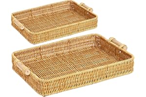 2PCS Rattan Tray Rectangular Wicker Tray with Handle Plastic Woven Flat Basket for Dining and Coffee Table Decor, Bread, Frui