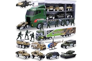 JOYIN 19 in 1 Die-cast Army Toy Truck with Little Army Figures, Mini Military Vehicles in Big Carrier Truck, Patrol Rescue Helicopter for Boys 3-9 Years Old, Kids Value Birthday Xmas Easter Gifts