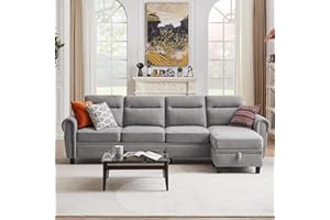 Soscana 112" Convertible Sectional Sofa Couch, 4 Seater L Shaped with Ottoman Reversible Chaise, Modern Microfiber Couches for Living Room, Light Grey
