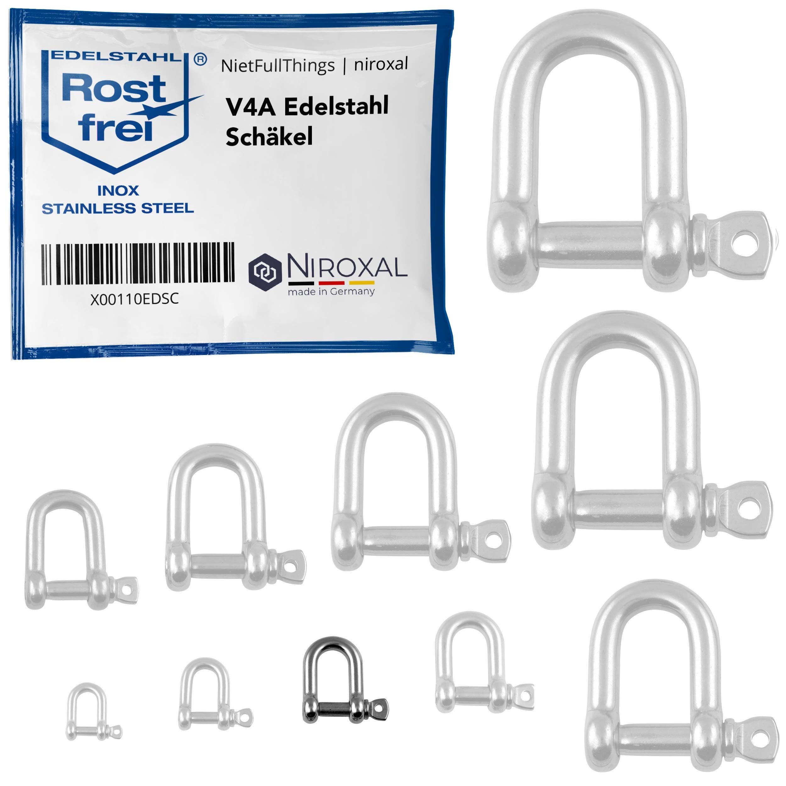 NietFullThings 100 pieces 6-mm Stainless steel shackles made of V4A short straight robust shape breaking load 1.500 kg Shackles 6x21-mm — image 1