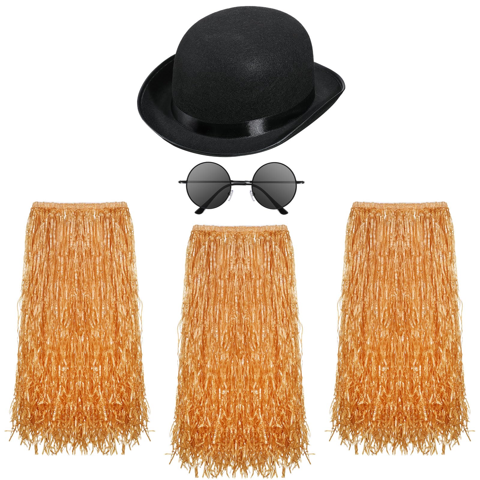 Photo 1 of Jeyiour 5 Pcs Flowered Luau Hula Skirts & Accessories Set - 3 Skirts, UV Protection Round Sunglasses, Bowler Hat for Adults - Halloween, Tropical Party Costume - Unisex, Classic Color