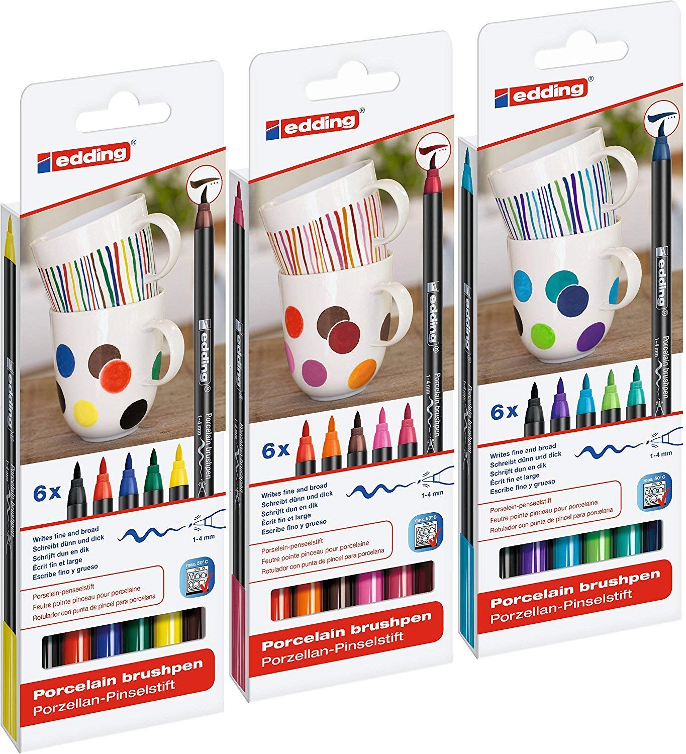 edding Porcelain Brush Pen 4200, 1-4 mm, Assorted (Pack of 6, All 3 Colours)