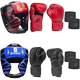 6-in-1 Boxing Headgear and Gloves Set, Training Sparring Safety Head Guard for MMA, Kickboxing, Muay Thai Trainees, Kids Teen Adults