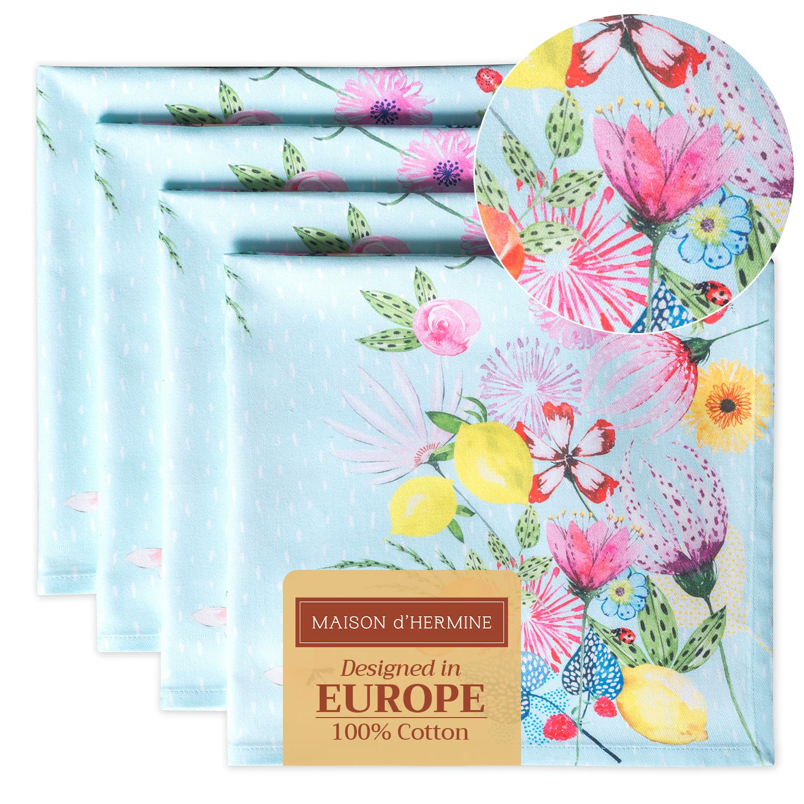 Maison d' Hermine Cloth Napkins Set of 4 100% Cotton Everyday Reusable Square Napkins Cloth Washable Dinner Party Wedding Restaurant Gifts for Mothers Day (Jardin D'Ete - Mint, 45 CM x 45 CM)