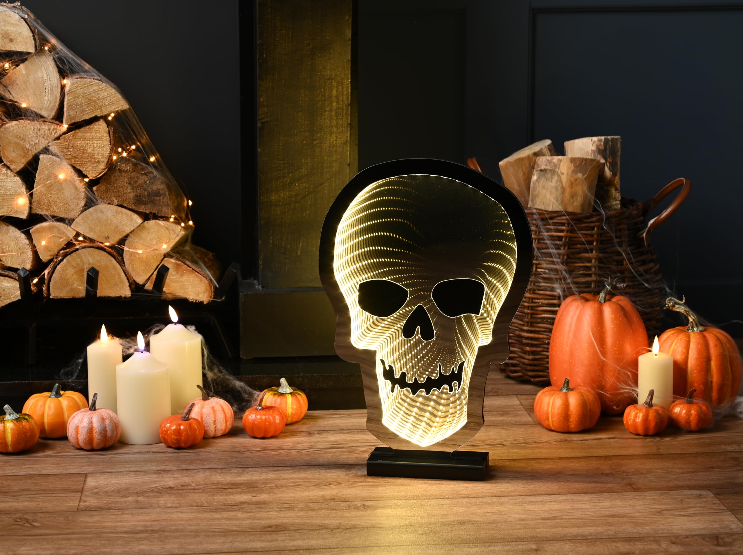Festive Productions Halloween Infinity Effect 3D Skull Skeleton LED Light - 40cm - Halloween Decoration Skeleton Themed Décor Prop Scary - Perfect for Spooky Parties, Home, Living Room