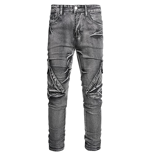 Mens Jeans Skinny Fit Stretch Grey Slim Fit Cargo Jeans for Men