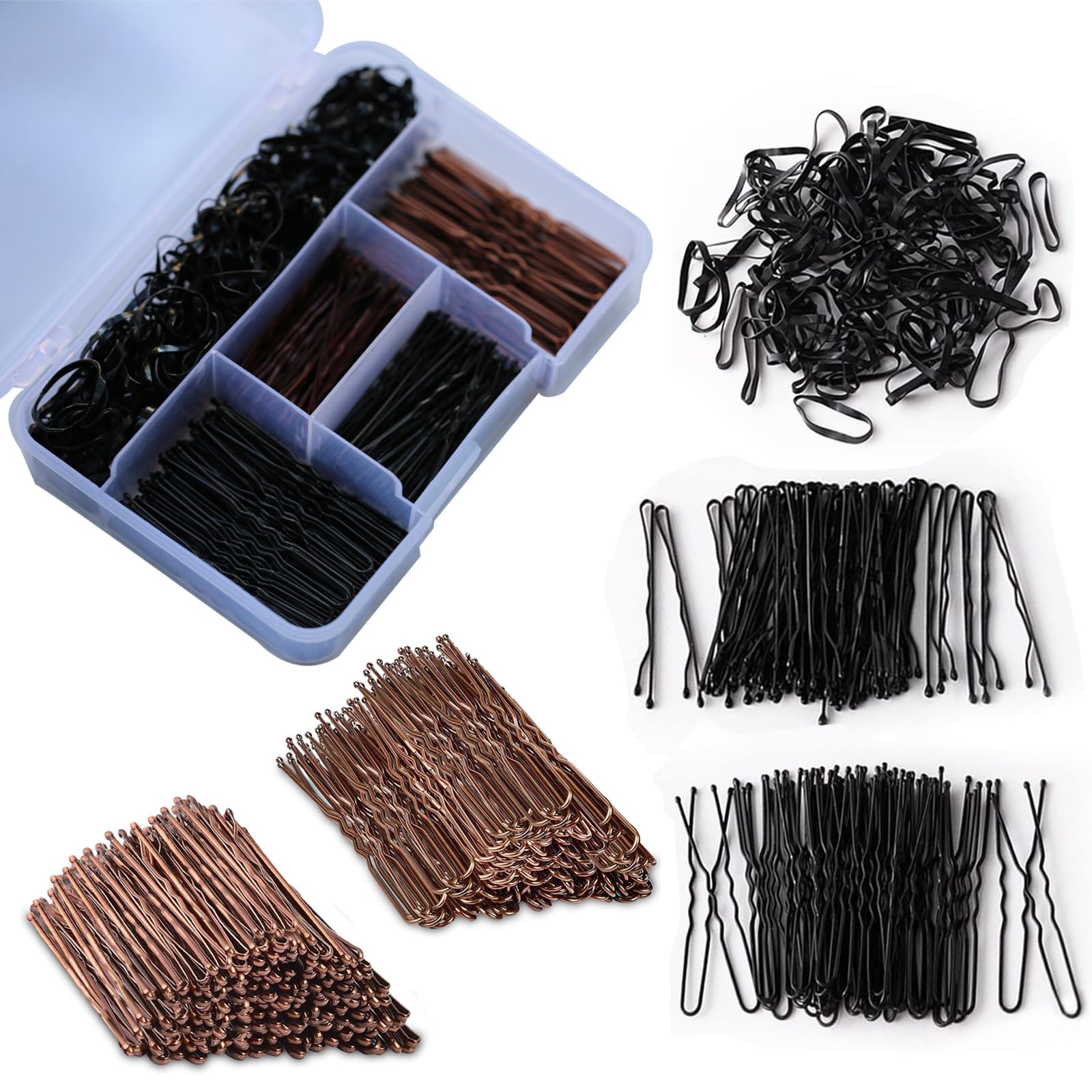 300pc Brown Hair Kit, Including U-Shaped & 2inch Pins, Hair Rubber Bands - Women & Salons