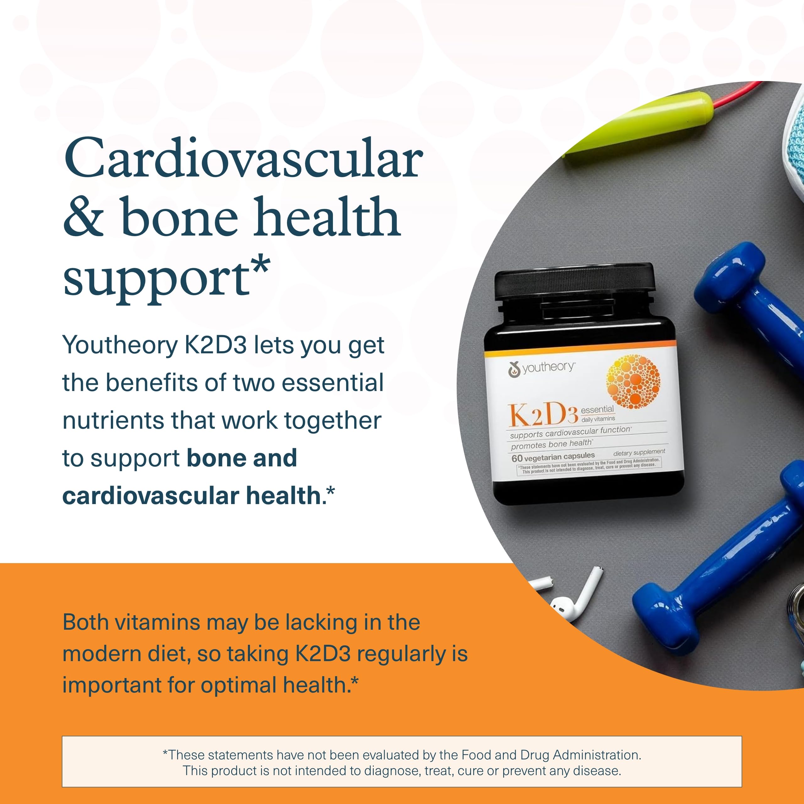 Youtheory K2D3 - Bone & Heart Health Support* - Combines Vitamin D3 & Vitamin K2 - Dairy, Soy & Gluten Free - 60 Vegetarian Capsules