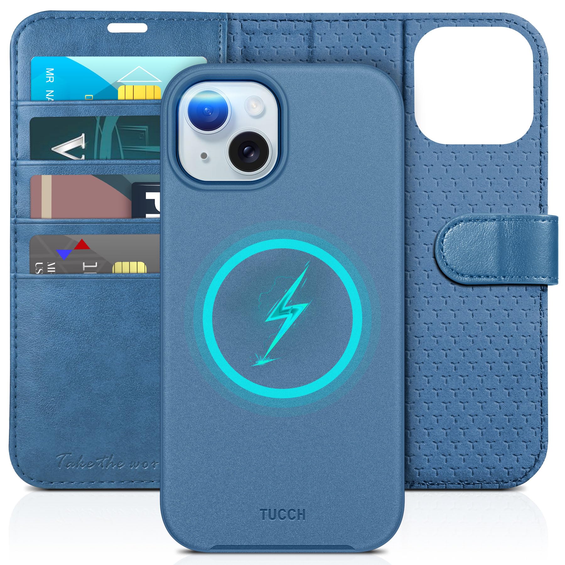 Photo 1 of TUCCH Case Wallet for iPhone 15, Removable 2-in-1 Kickstand RFID Blocking 4 Card Slot Wireless Charging Protective Case, PU Leather Magnetic Detachable Folio Compatible with iPhone 15 6.1", Lake Blue