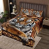 Manfei Tiger 3D Print Bedspread Queen Size,Wild Animals Bedding Set 3pcs for Kids Teens Boys Room Decor,Animal Fur Quilted Coverlet Leopard Soft Breathable Bedding Quilt with 2 Pillowcases