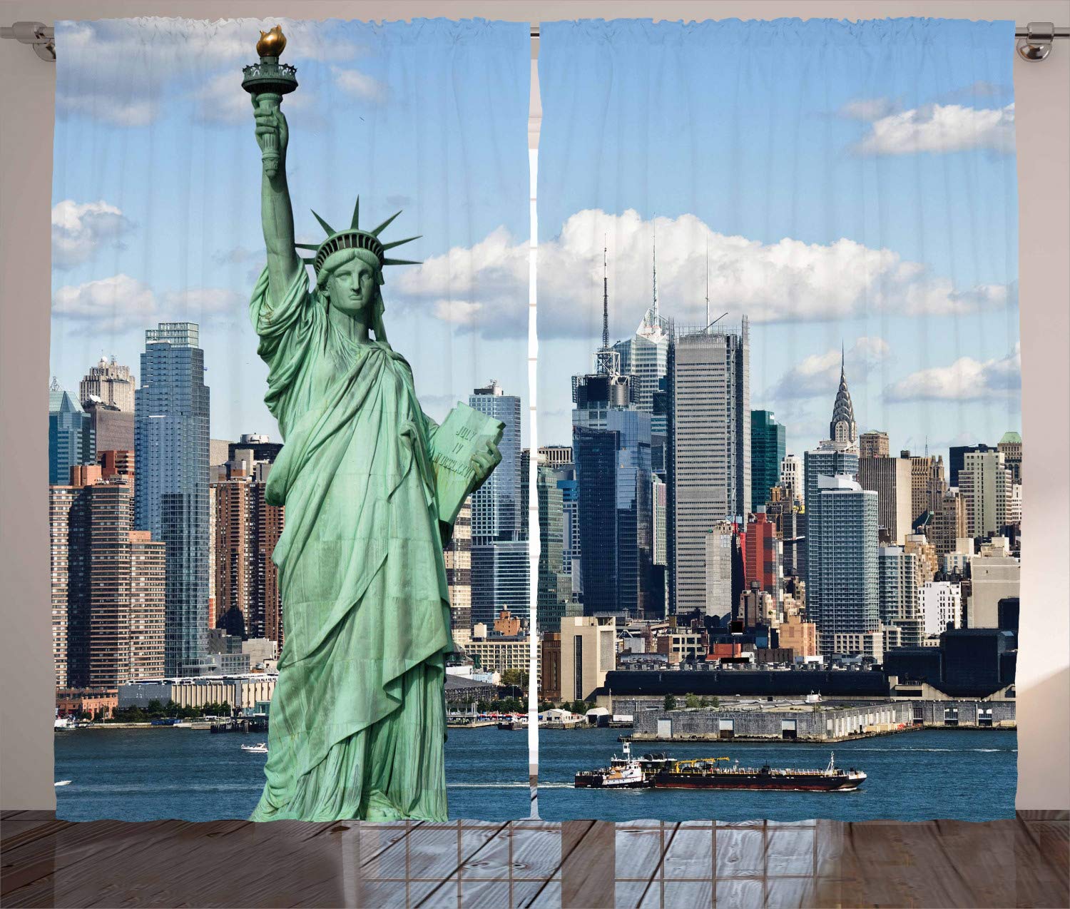 ABAKUHAUS New York Curtains, Liberty and Manhattan Island in a Warm Spring Day Landscape Photograph, Living Room Bedroom Window Drapes 2 Panel Set, 96 W X 110 L, Teal Blue — image 1