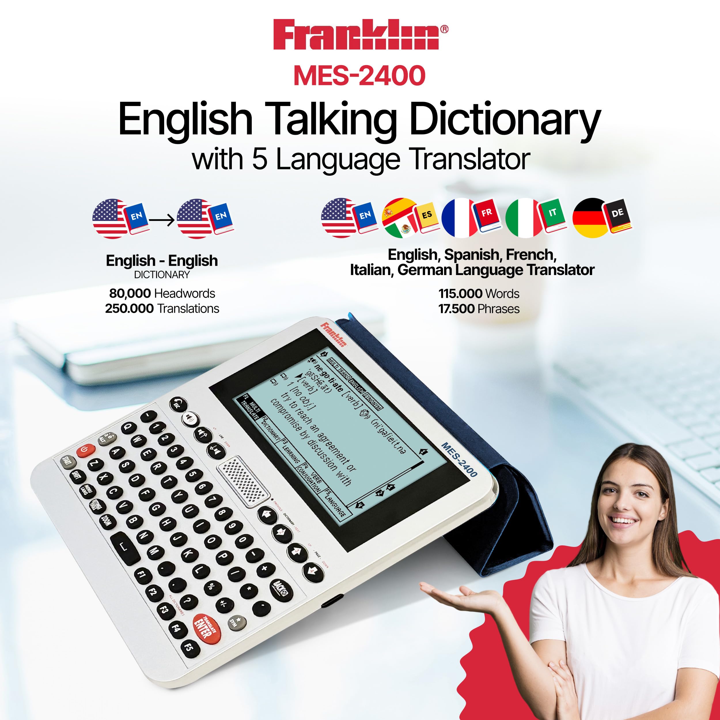 Franklin MES-2400 Digital Talking Dictionary, Multi-Language Translator, Talking Phrase Book & More