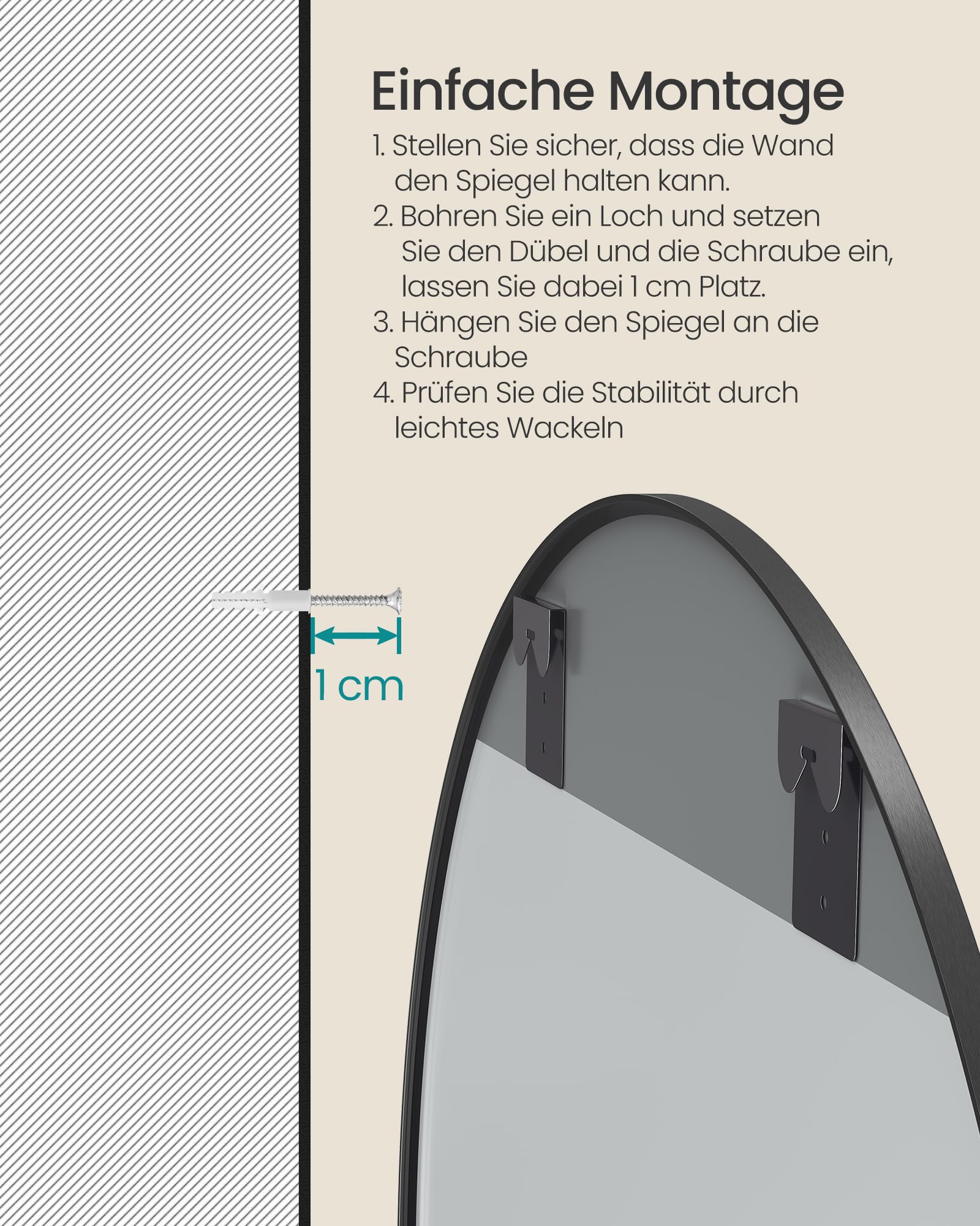 SONGMICS 105 cm d Spiegel rund, runder Spiegel, Wandspiegel, Metallrahmen, einfache Montage, modern, für Bad, Wohnzimmer, Schlafzimmer, Flur, Eingangsbereich, tintenschwarz LWM106BD01 5