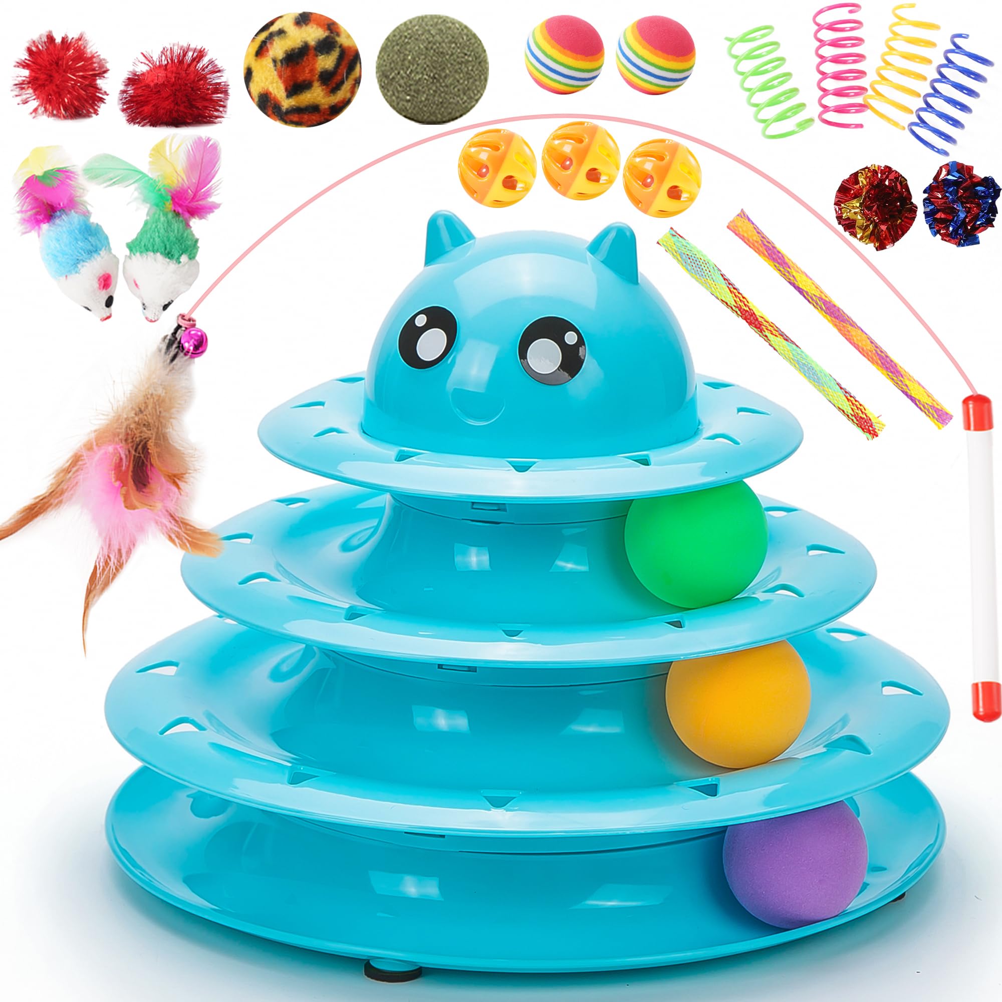 Vealind Cat Toys Bundle 21 PCS Kitten Toy for Indoor Cats Roller Balls Interactive Fun Roller 4 Level Cat Tower for Exerciser Wand Kitty Toy Set (Blue)