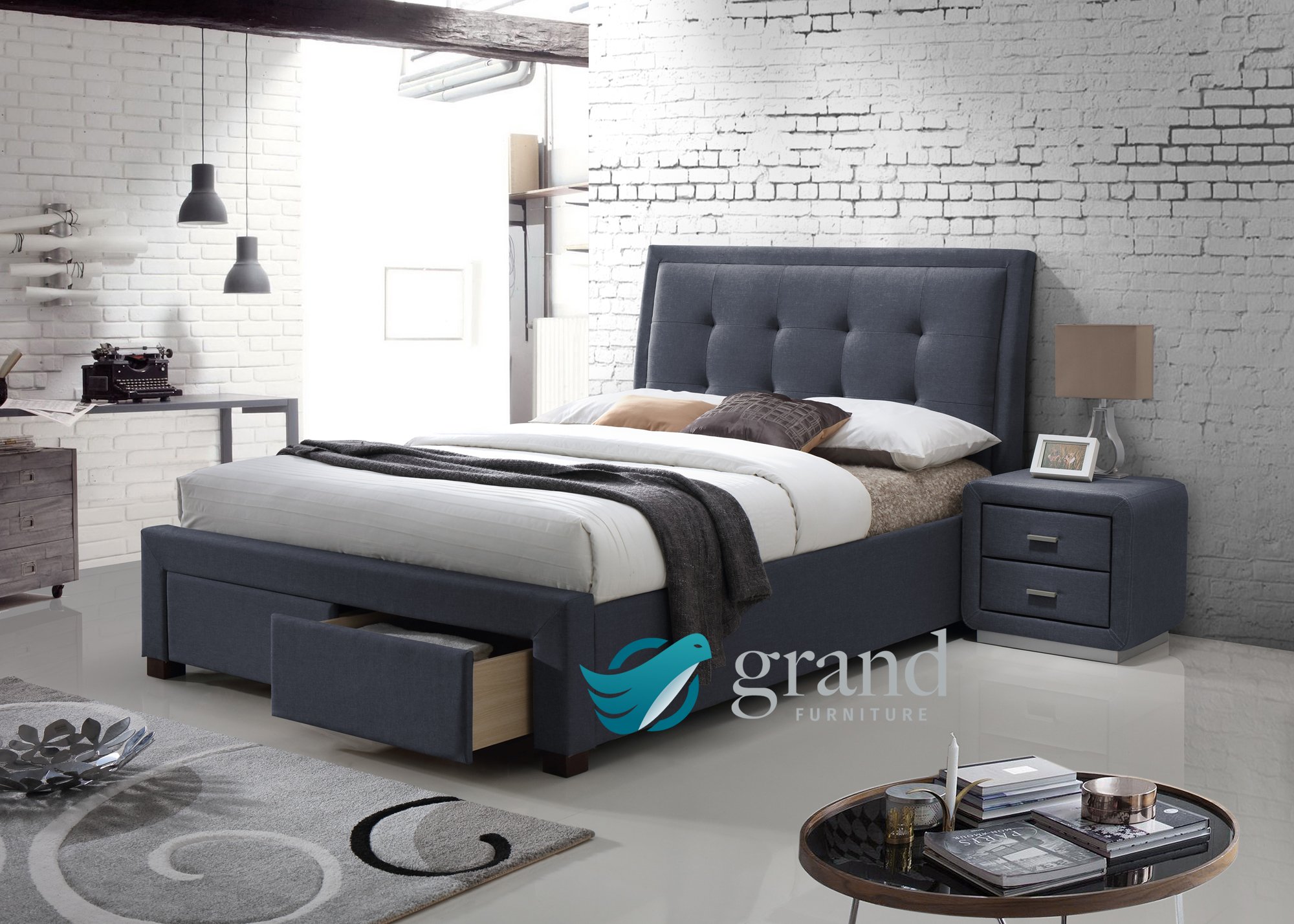 Buy Denver Fabric Bed Upholstered with Storage 2 Drawer Light Grey