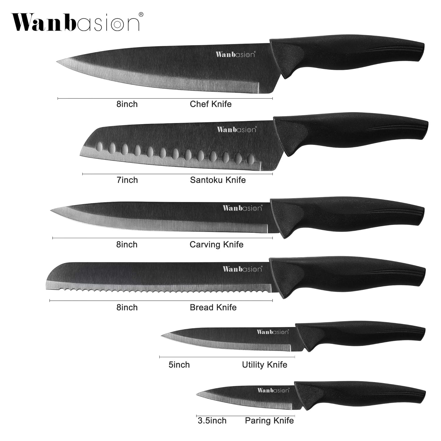 Wanbasion 6 Pieces Matte Black Titanium Plated Knife Set Stainless