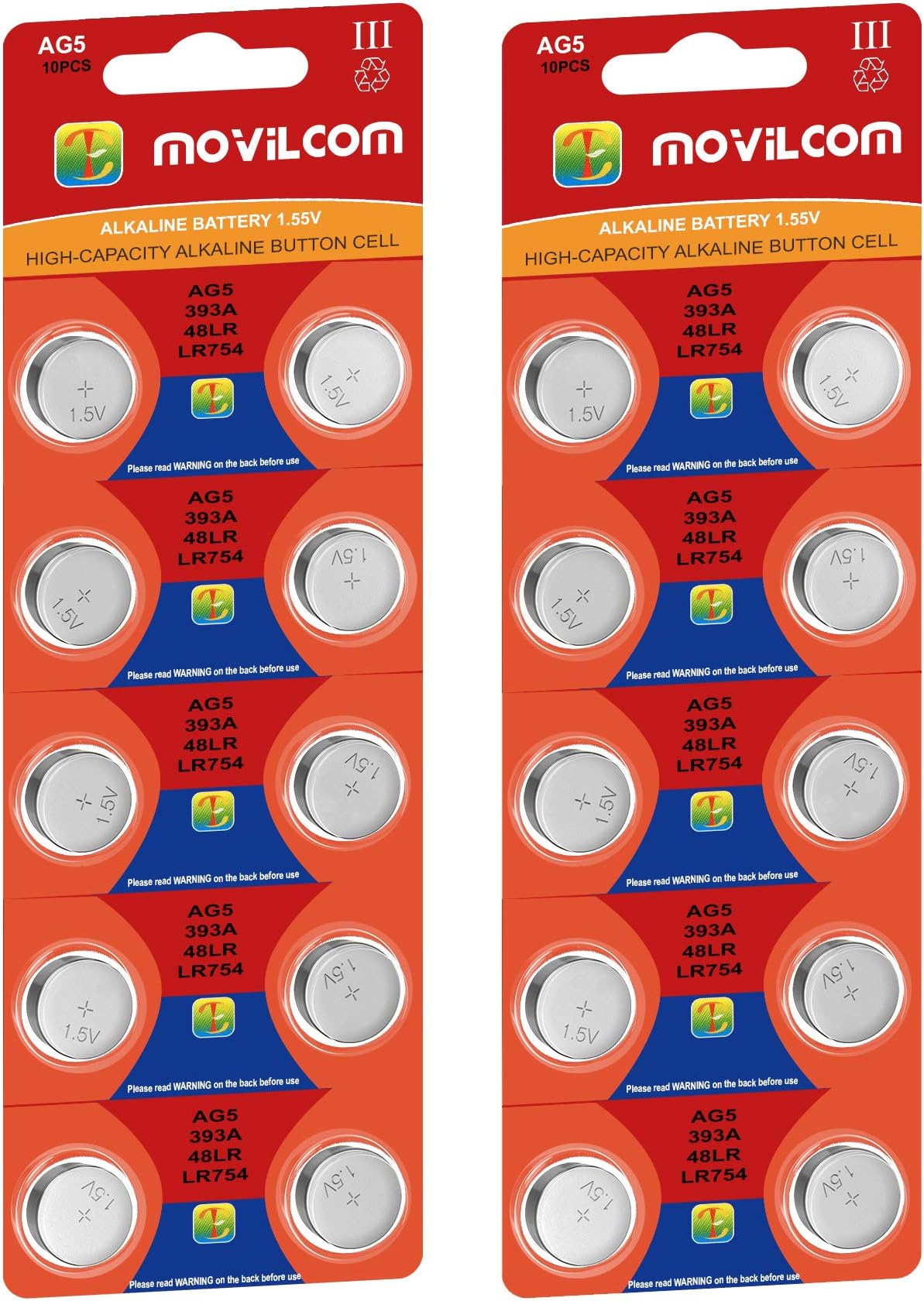 MovilCom – 20 AG5 Button Batteries Watch 1.5 V Equivalent to LR754, LR753, SR754 W, V393, 393, D393, S754E, 255, F, SB-B3, SR48