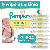 Pampers Sensitive Baby Wipes, Unscented, Fragrance Free, Clinically Proven, Water Based, Hypoallergenic, Multi-Use, Hand Wipes, 504 Wipes Total (9X Flip-Top Packs)