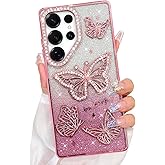 Bonoma Glitter Case for Samsung Galaxy S25 Ultra, Cute 3D Butterfly Pattern Plating Bling Case,Camera Protection Sparkly Slim Soft Back Cover for Women Girls,Pink